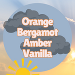 Text 'Orange Bergamot Amber Vanilla' with cloud and sun design on a gradient background